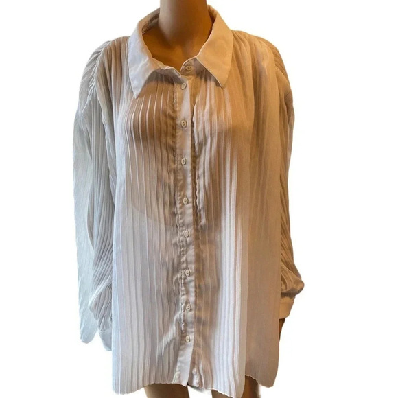 VTG Essence Mesh Pleated White Slip Button Down Shirt Women Size 3X/26 Fairy - Picture 1 of 7